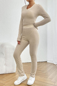 Thumbnail for Ribbed V-Neck Long Sleeve Cropped Top and Pants Set - 2 PCS. - T - 1 COLOR -