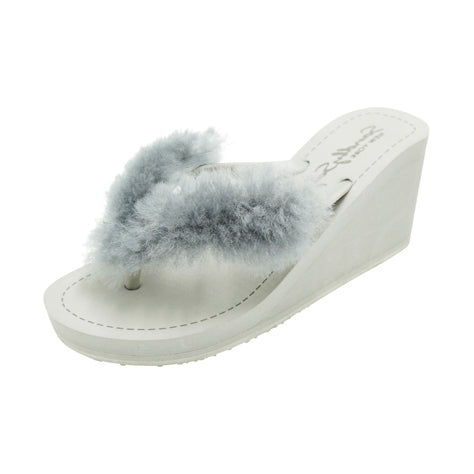 SAND BY SAYA N.Y. - Sheep Fur - Gray Genuine Fur Embellished Women's High Wedge Flip Flops Sandal - 1 COLOR -