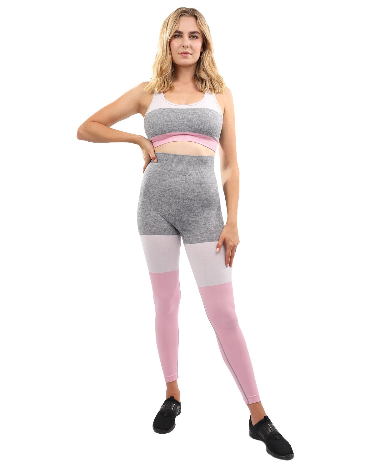 Savoy - Graca Seamless Leggings & Sports Bra Set - Grey With Pink & White - 2 PCS. - 1 COLOR -