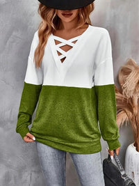 Thumbnail for Contrast Crisscross V-Neck Long Sleeve Top - T - 3 COLORS -