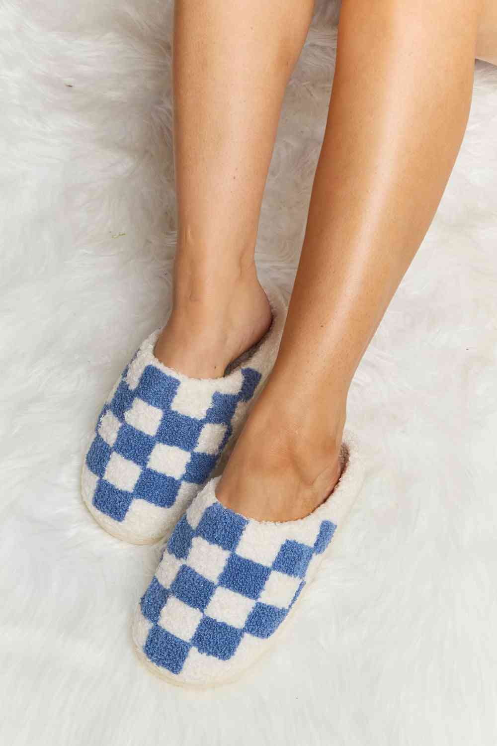 Melody Checkered Print Plush Slide Slippers - LIMITED SIZES LEFT - T - 4 COLORS -