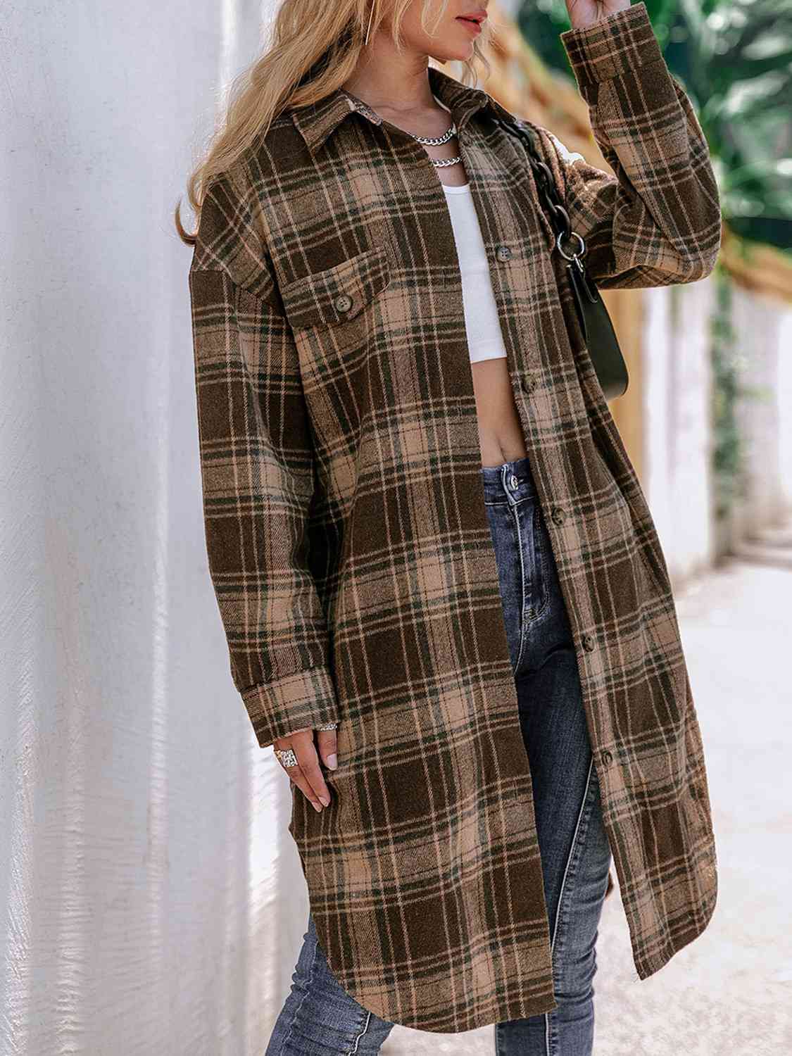 Plaid Collared Neck Button Down Longline Jacket - T - 4 COLORS -