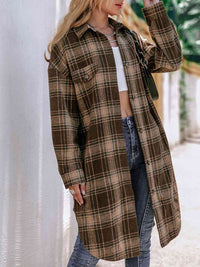 Thumbnail for Plaid Collared Neck Button Down Longline Jacket - T - 4 COLORS -