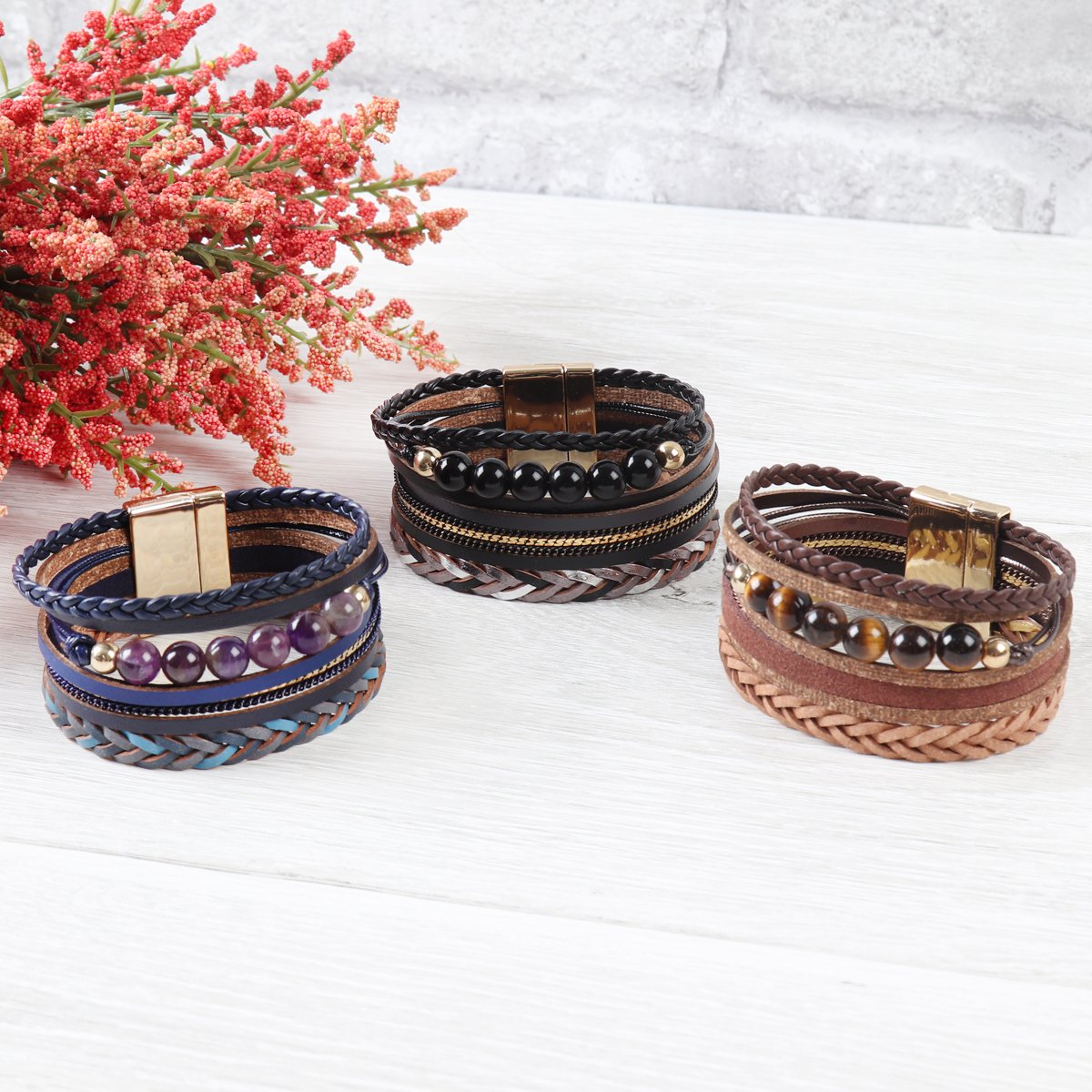 Riah Fashion - Leather Braided Beads Wrap Magnetic Bracelet - 9 COLORS -