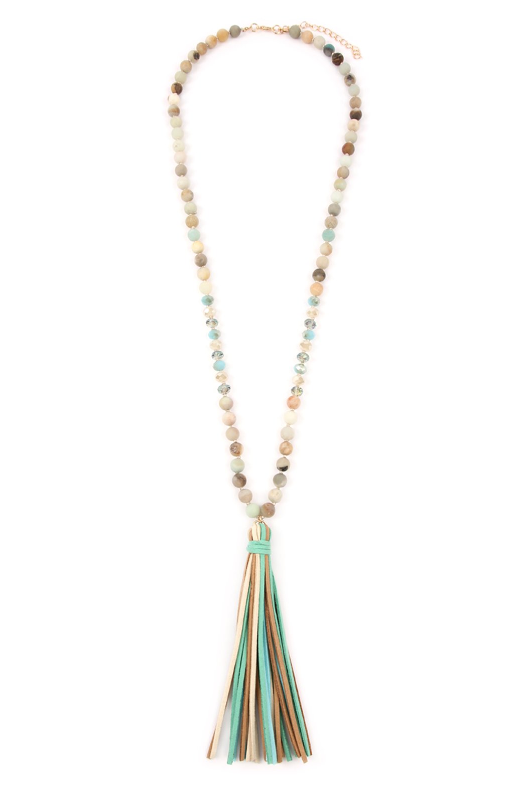 Riah Fashion - Colorful Natural Stone Glass Beads Leather Tassel Necklace - 7 COLORS -