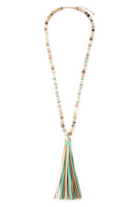 Thumbnail for Riah Fashion - Colorful Natural Stone Glass Beads Leather Tassel Necklace - 7 COLORS -