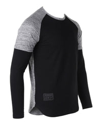 Thumbnail for Men's Twofer Color Block Long Sleeve Curved Hemline Athletic Shirt - 1 COLOR