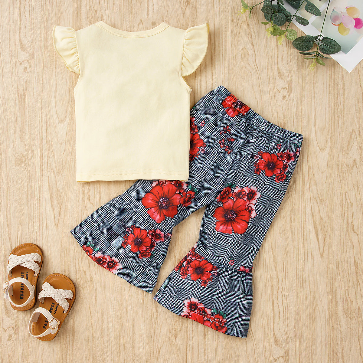 Graphic Tie Hem Top and Floral Flare Pants Set - 2 PCS. - T - 2 SHIRT COLORS -