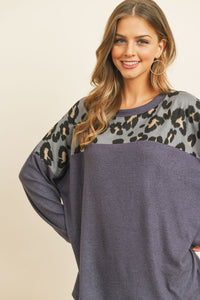 Thumbnail for Riah Fashion - Long Sleeve Leopard Contrast Hacci Brushed Top - 3 COLORS -