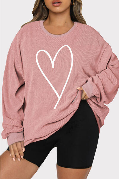 Plus Size Heart Ribbed Round Neck Sweatshirt - SIZES 1XL THRU 3XL - T - 3 COLORS -