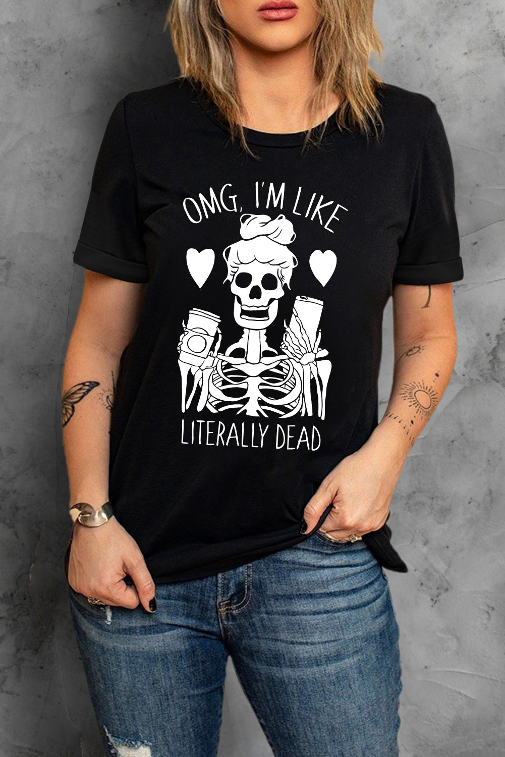 Halloween Skeleton Graphic Round Neck Tee - T - 1 COLOR -