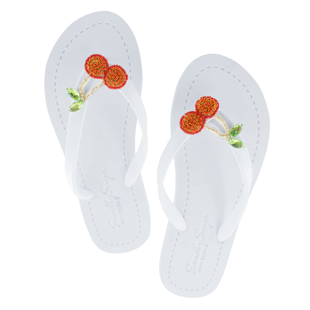 SAND BY SAYA N.Y. - Cherry - Big Kids Sandal - Girls Red Fruits Rhine Stone Embellished Flip Flops - 3 COLORS -