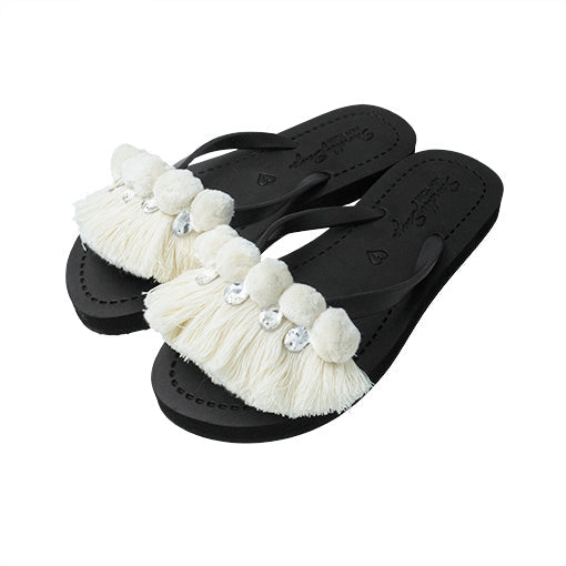 SAND BY SAYA N.Y. - White Pom Pom Fringe - Embellished Flat Flip Flops Sandal - 4 COLORS -