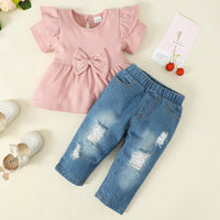 Thumbnail for Bow Detail Short Sleeve Top and Distressed Jeans Set - 2 PCS. - T - 1 COLOR -