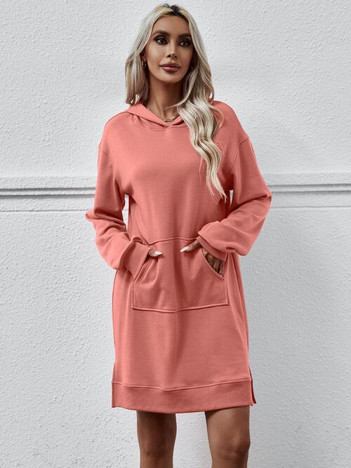 Slit Long Sleeve Hooded Dress with Pocket - T - 9 COLORS -