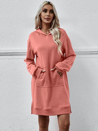 Thumbnail for Slit Long Sleeve Hooded Dress with Pocket - T - 9 COLORS -