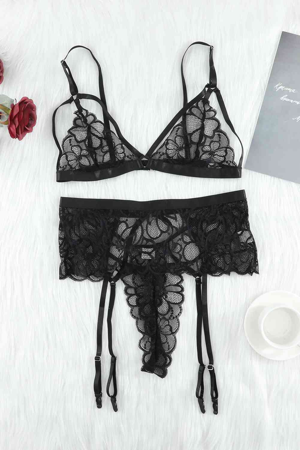 Strappy Three-Piece Lace Lingerie Set - 3 PCS. - T - 1 COLOR -