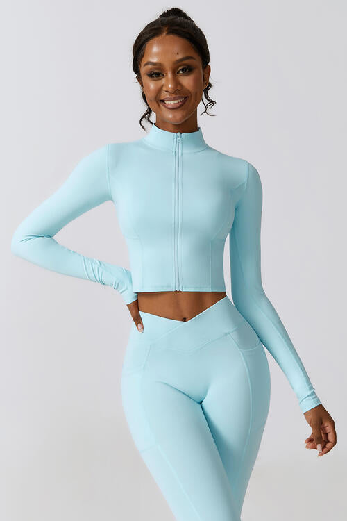 Zip Up Long Sleeve Cropped Active Top - T - 4 COLORS -