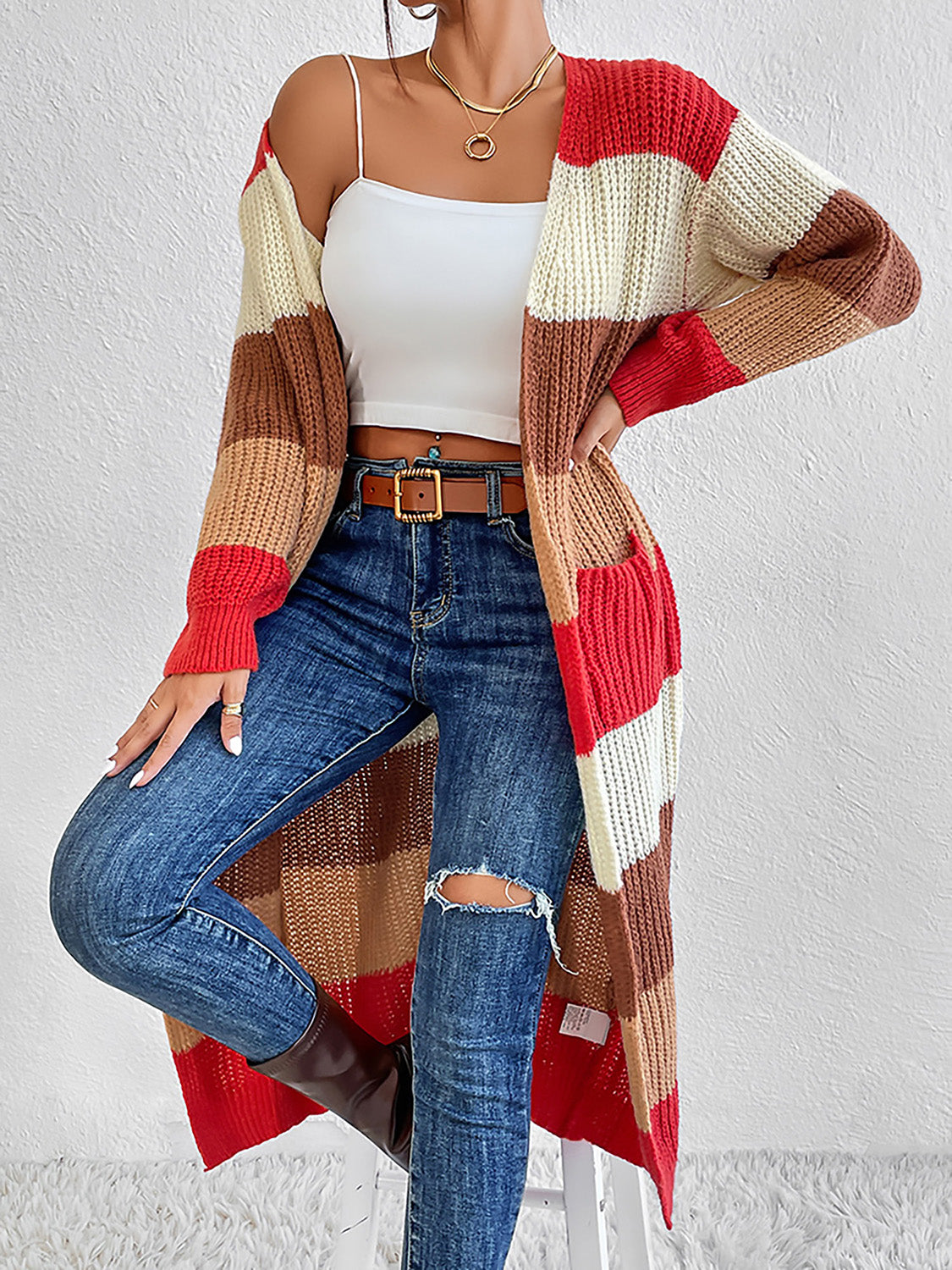 Color Block Open Front Longline Cardigan - T - 1 COLOR -