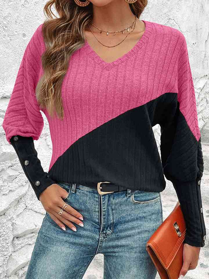 Contrast Buttoned V-Neck Blouse - T - 4 COLORS -