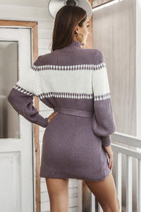 Thumbnail for Contrast Tie Front Long Sleeve Sweater Dress - T - 3 COLORS -