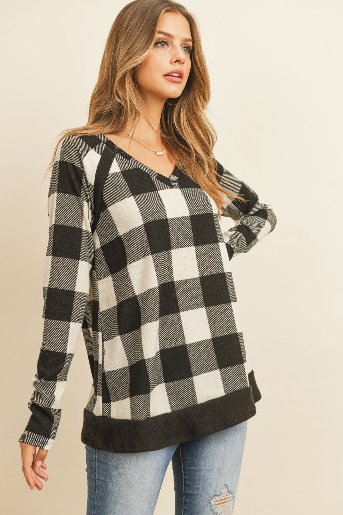 Riah Fashion - Checker Plaid V-Neck Long Sleeve Top - 2 COLORS -