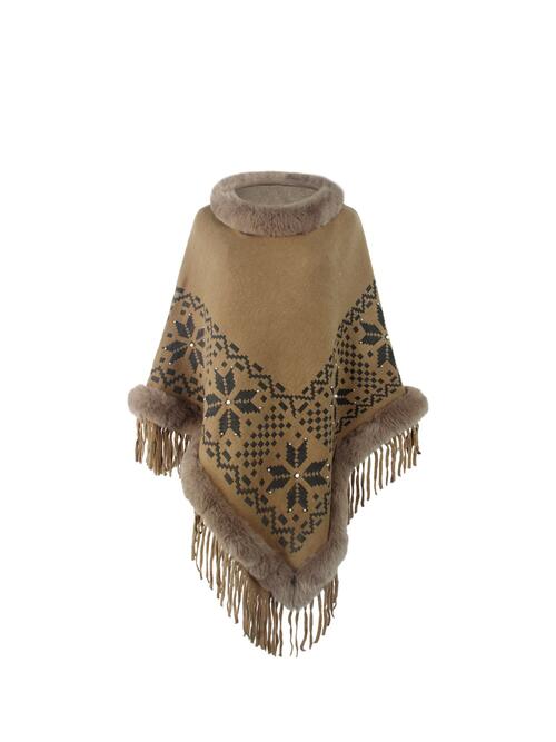 Fringe Geometric Cape Sleeve Poncho - 1 SIZE FIT - T - 6 COLORS -