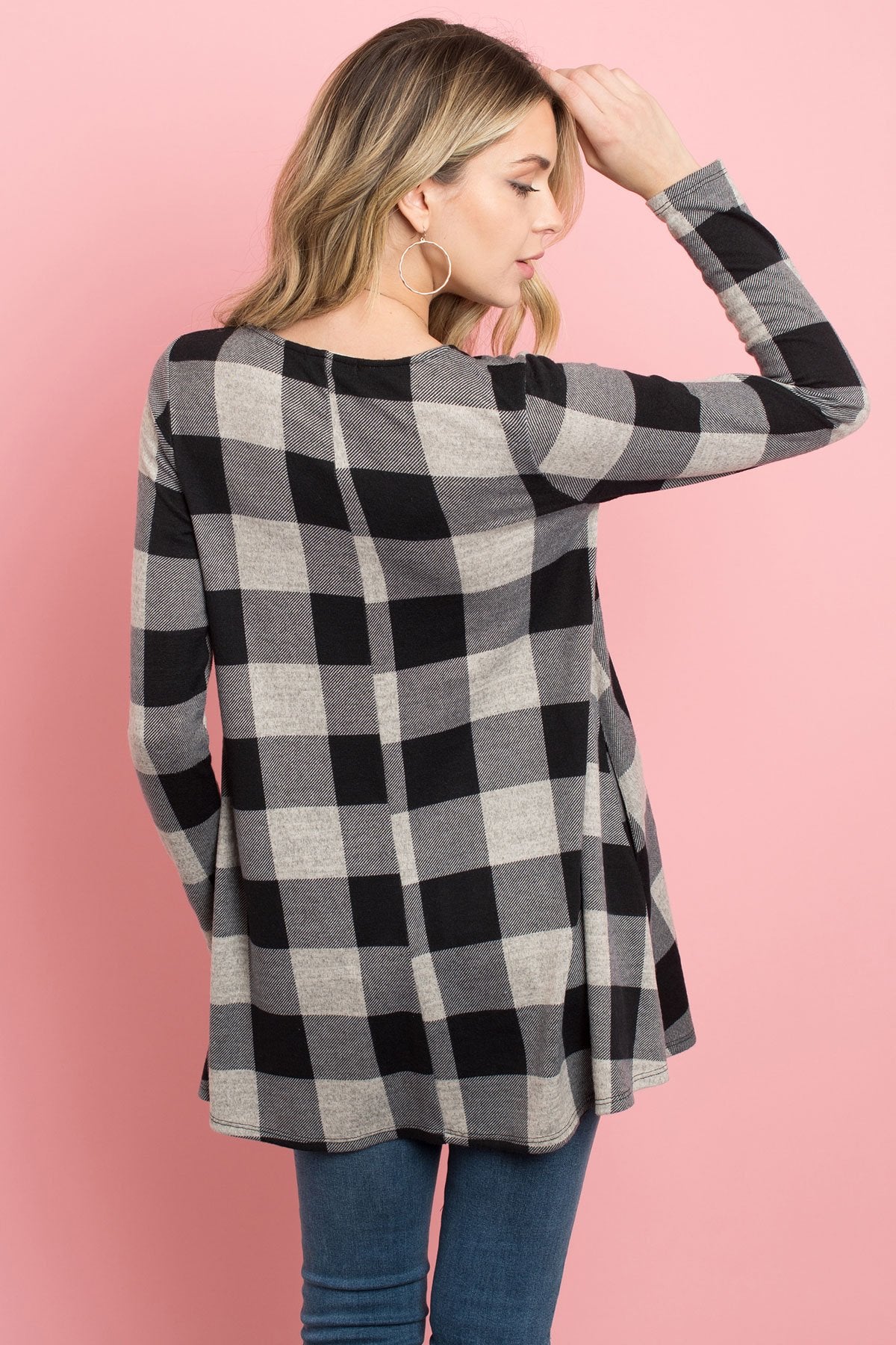 Riah Fashion - Plaid Long Sleeves A-Line Top - 4 COLORS -