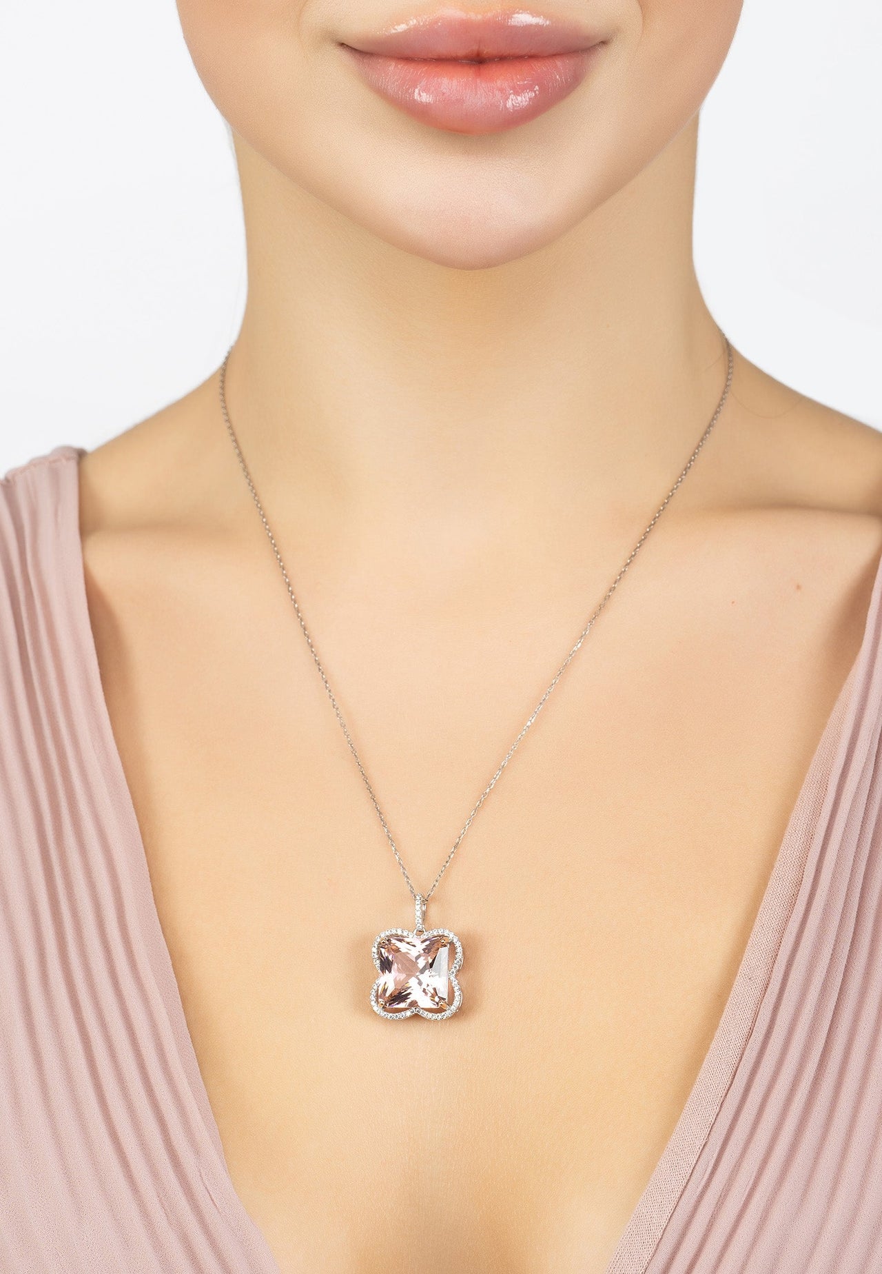 LATELITA - Open Clover Flower Necklace Silver Pink Morganite -