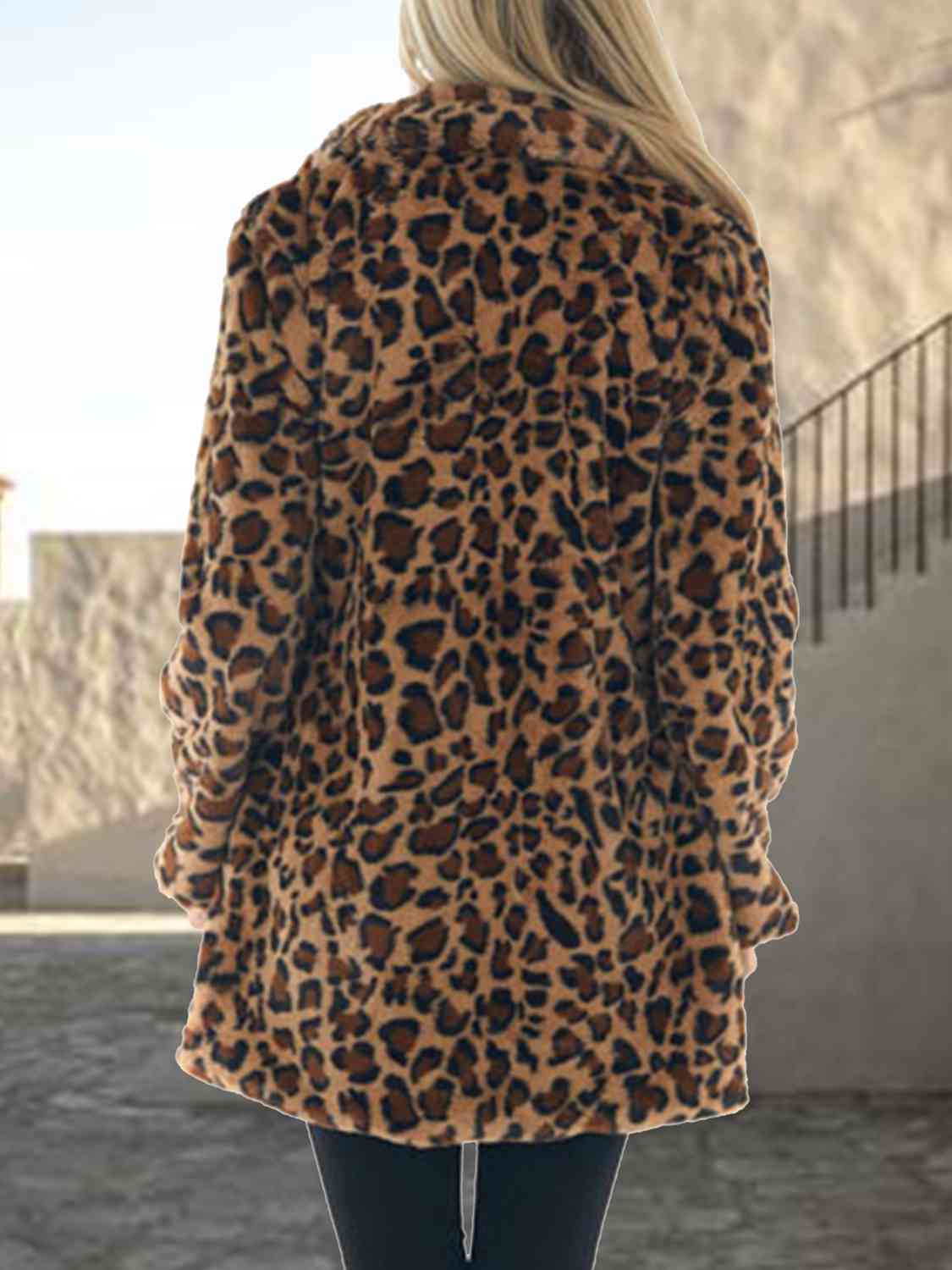 Faux Leopard Collared Neck Coat with Pockets - T - 1 COLOR -