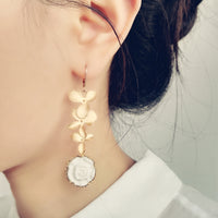 Thumbnail for Porcelain Moonlight Rose and Triple Leaves Drop Earrings -