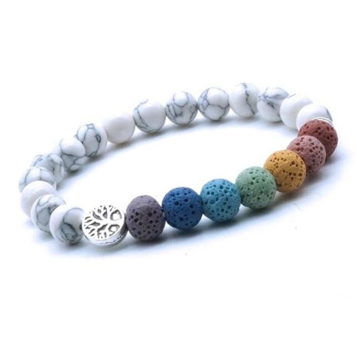 Tree of Life 7 Chakra Lava Stones and White Stone Bracelet -