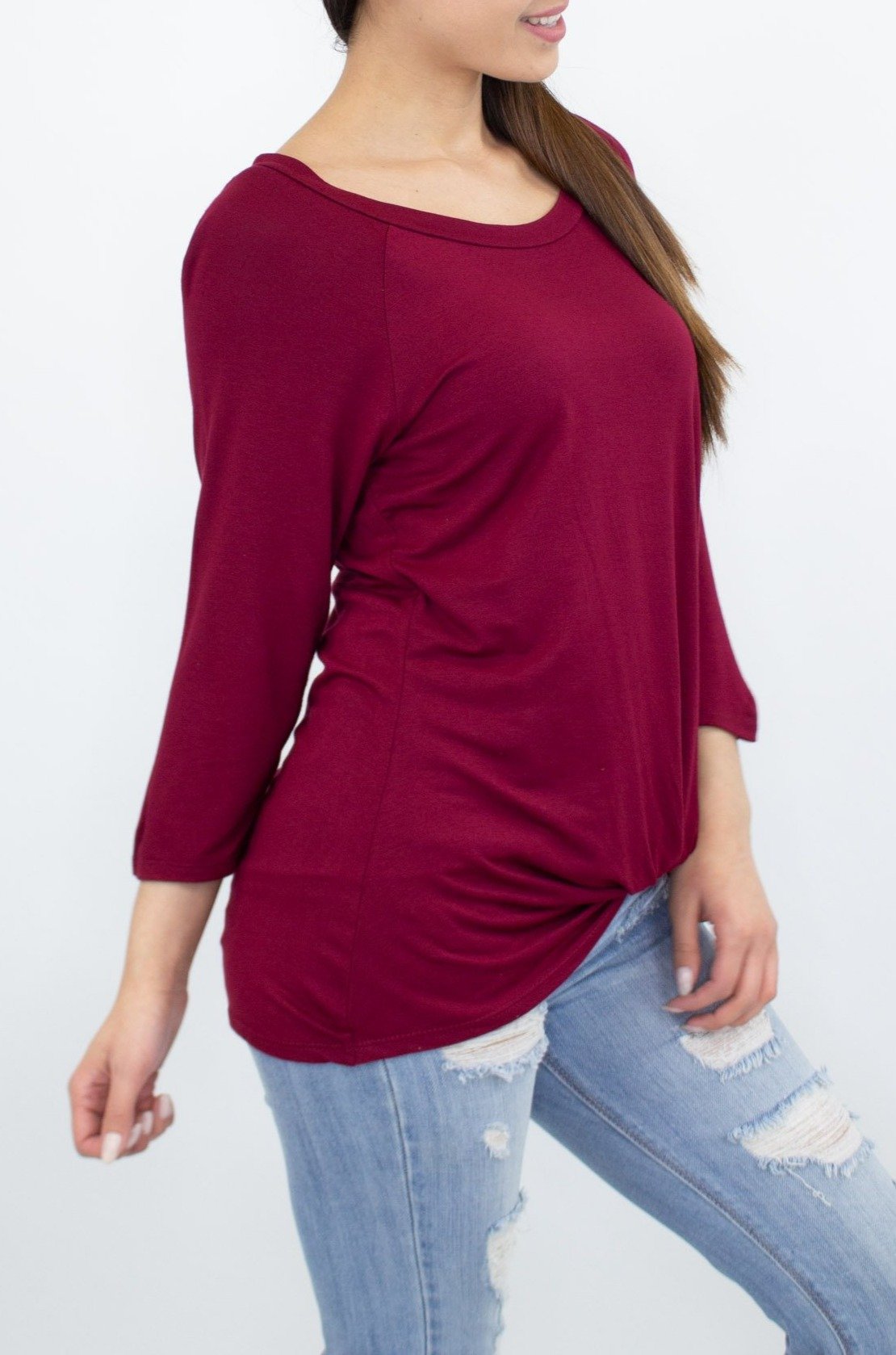 Stylespect - Twisted Front Comfortable Top - Wine - 1 COLOR -