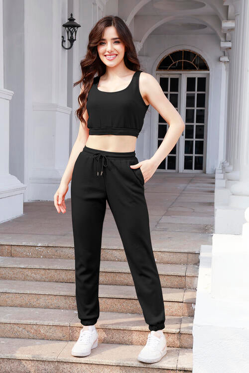 Waffle-Knit Cropped Tank and Drawstring Pants Set - 2 PCS. - T - 4 COLORS -