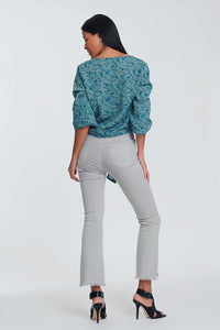 Thumbnail for Q2 - Long Sleeve v Neck Blouse With Button Detail in Green Floral Print - 1 COLOR -