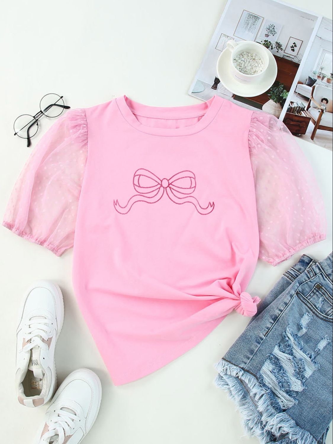 Pink Ribbon/Bow Round Neck Short Sleeve Top - T - 1 COLOR -