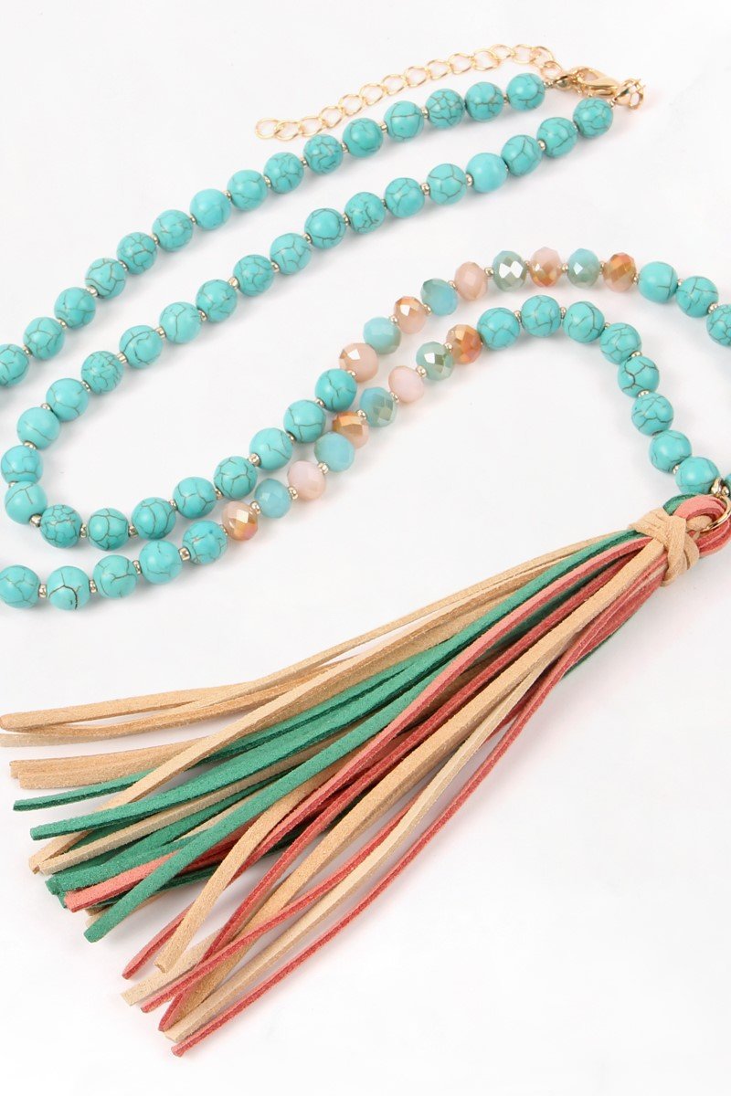 Riah Fashion - Colorful Natural Stone Glass Beads Leather Tassel Necklace - 7 COLORS -