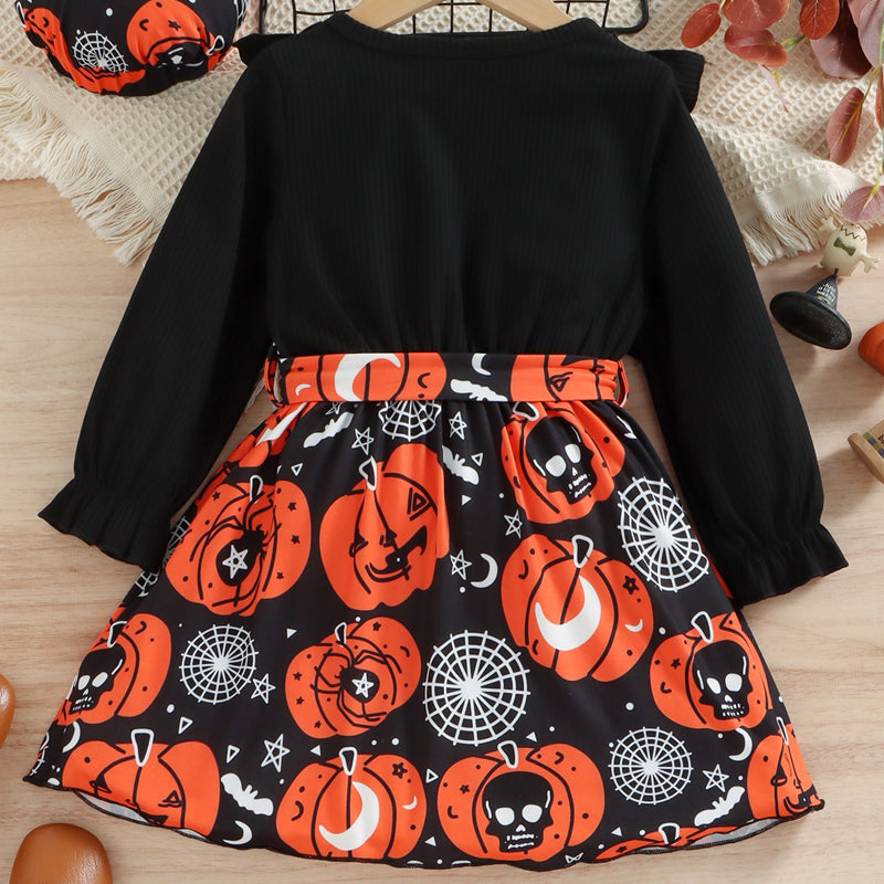 Halloween Theme Bow Front Round Neck Dress - SIZES 4T THRU 7 - T - 1 COLOR -