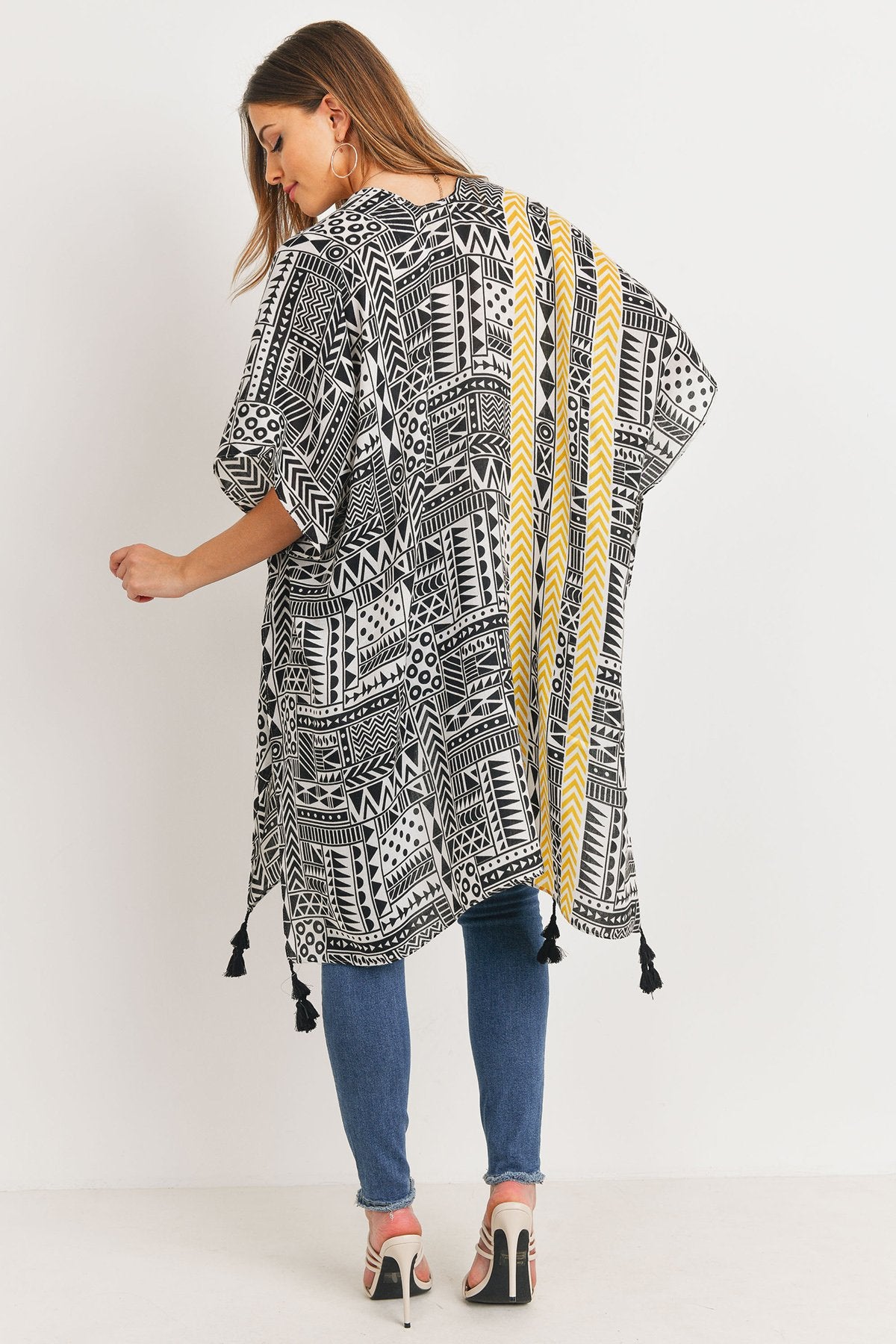 Riah Fashion - Tribal Pattern Print Tasseled Open Front Kimono - 1 COLOR