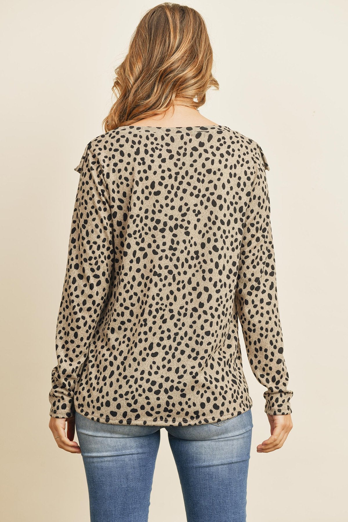 Riah Fashion - Brushed Hacci Leopard V-Shaped Ruffle Detail Top - 3 COLORS -