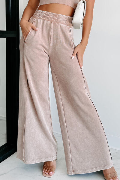 Mineral Wash Smocked Waist Wide Leg Pants - T - 2 COLORS -