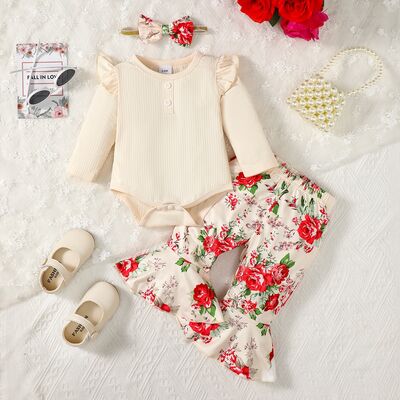 Ruffled Round Neck Bodysuit and Printed Pants Set - 2 PCS. - T - 1 COLOR -