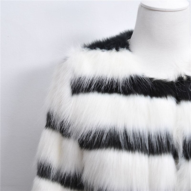 Sharon Tatem - Black and White Striped Faux Fur Coat Fur Coat - Elegant Fur Coat - Long Sleeve Collarless Casual -