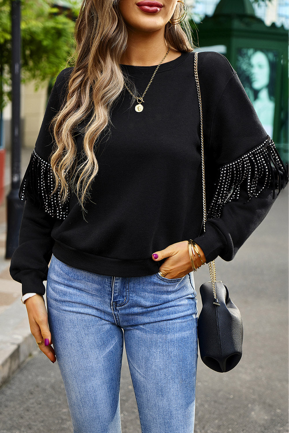 Round Neck Fringe Detail Sweatshirt - T - 3 COLORS -