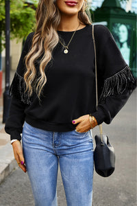 Thumbnail for Round Neck Fringe Detail Sweatshirt - T - 3 COLORS -