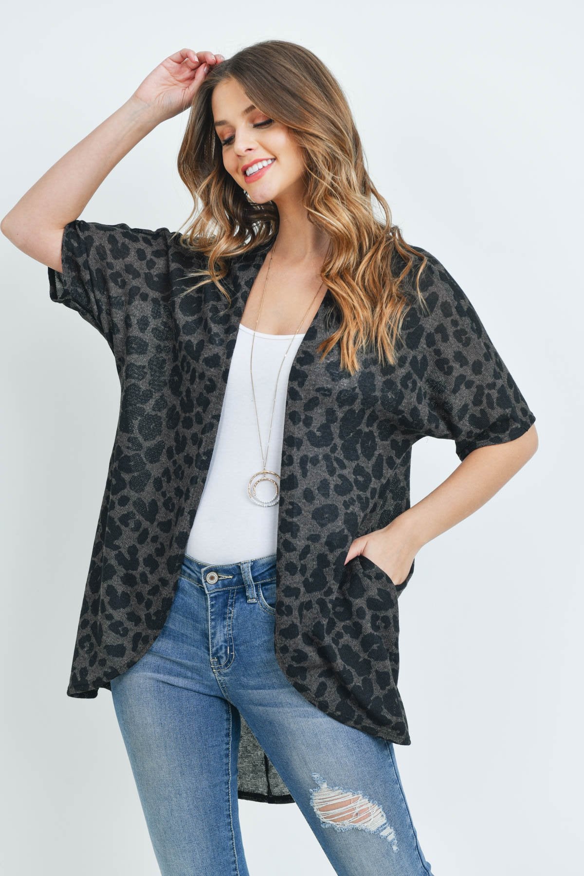 Riah Fashion - Leopard Short Sleeves Open Front Hi-Low Cardigan - 3 COLORS -