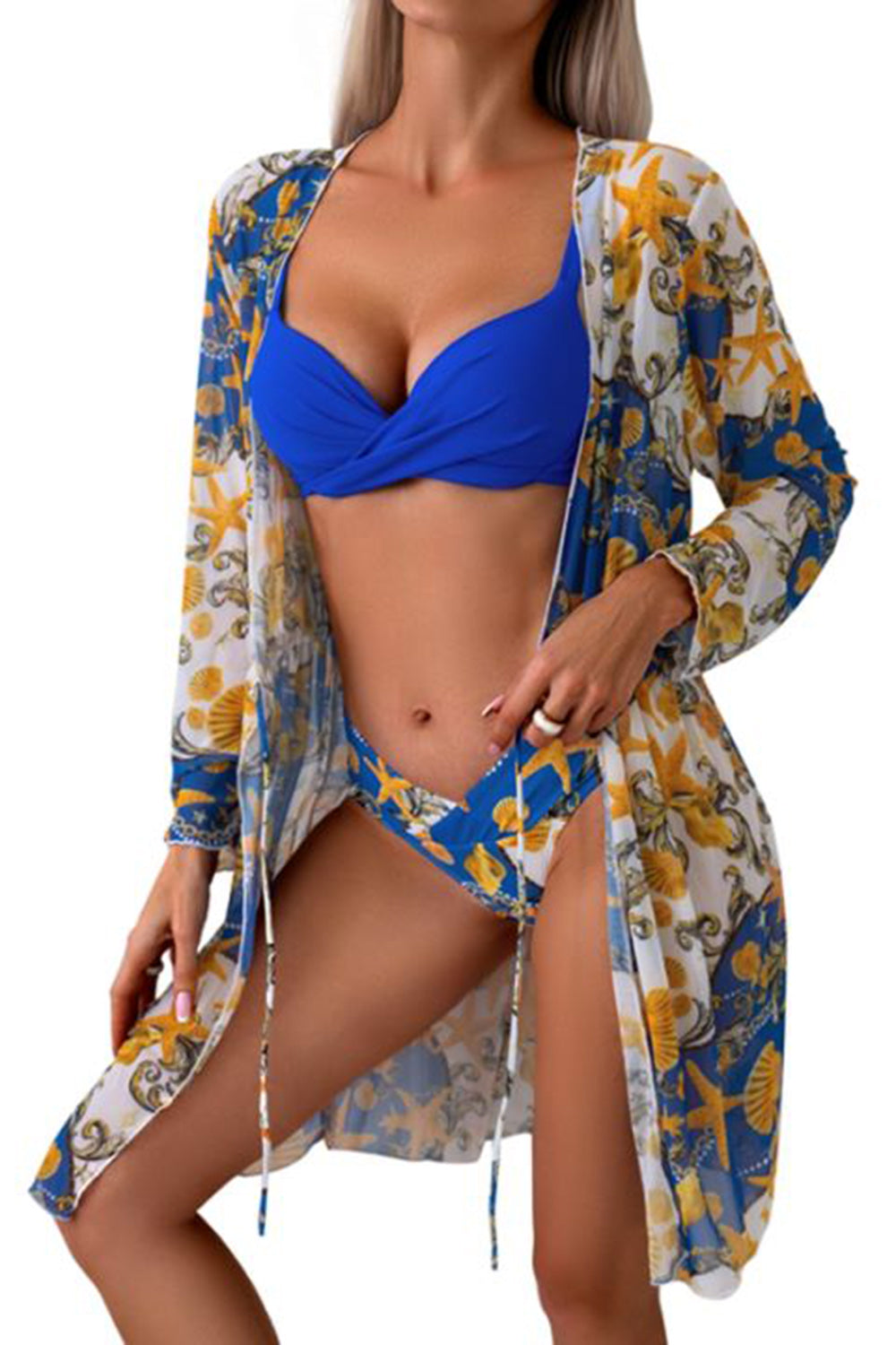 Ruched Top, Brief and Tied Cover Up Swim Set - 3 PCS. - T - 4 COLORS -