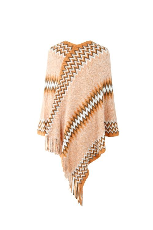 Fringe Hem Striped Cape Sleeve Poncho - T - 5 COLORS -