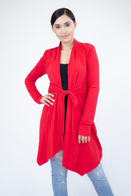 Stylespect - Light Weight Waist Tie Cardigan - Red - 1 COLOR -