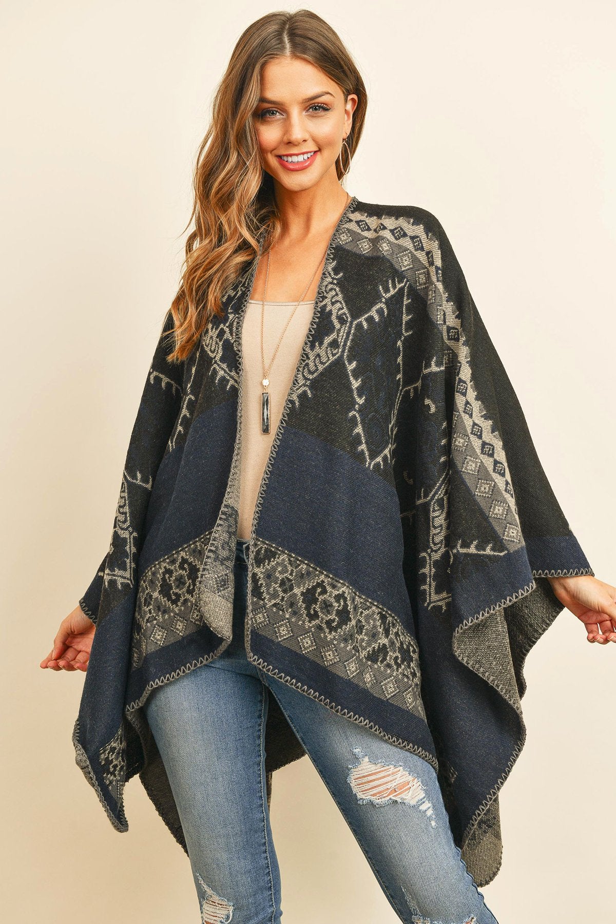 Riah Fashion - Native American Pattern Open Front Kimono -